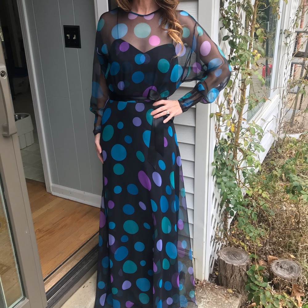 SOLD Vintage Miss Elliette polkadot chiffon maxi - Picture 1 of 7